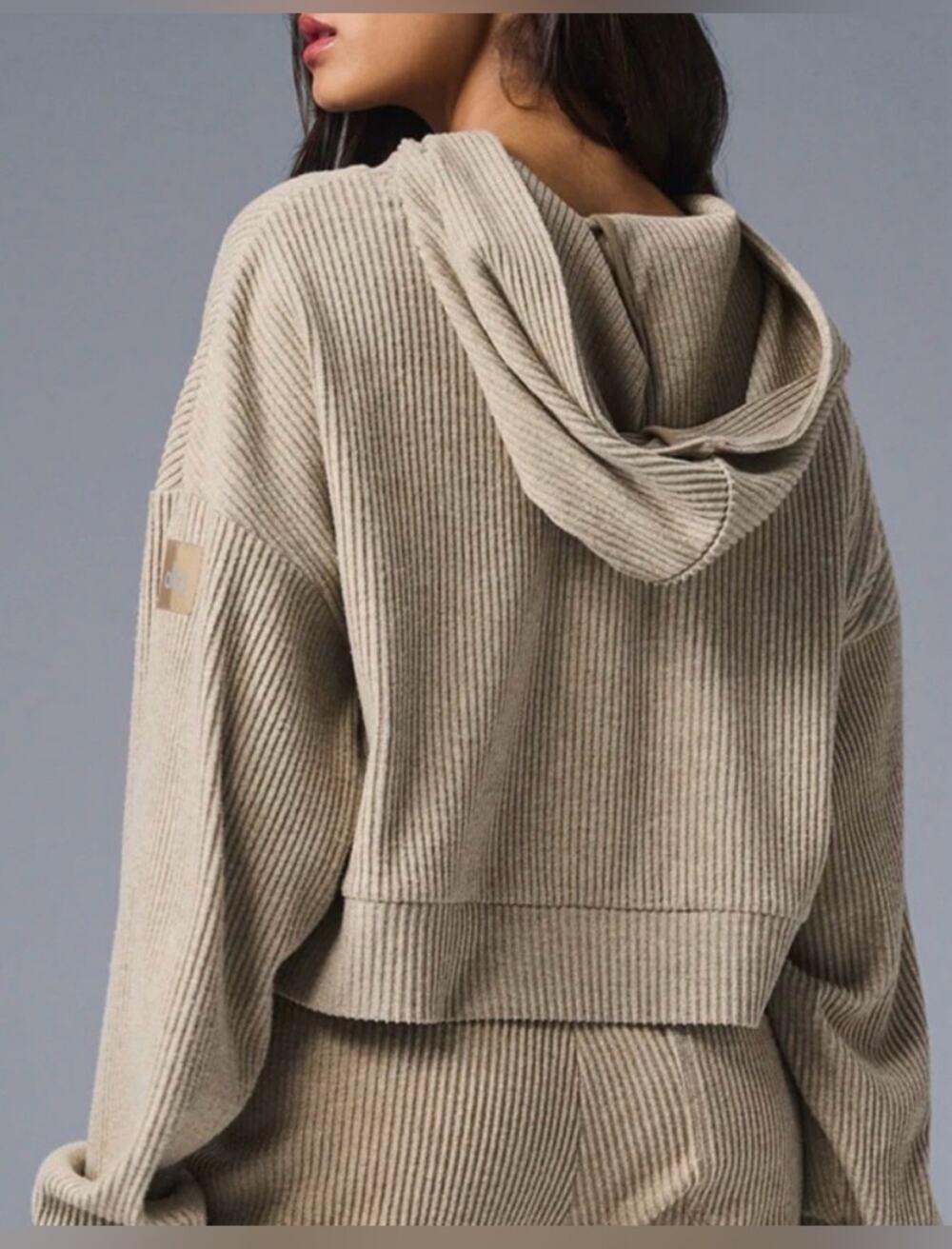 Alo Yoga Muse Hoodie Ribbed Gravel Heather Cropped Sweatshirt XS Athleisure